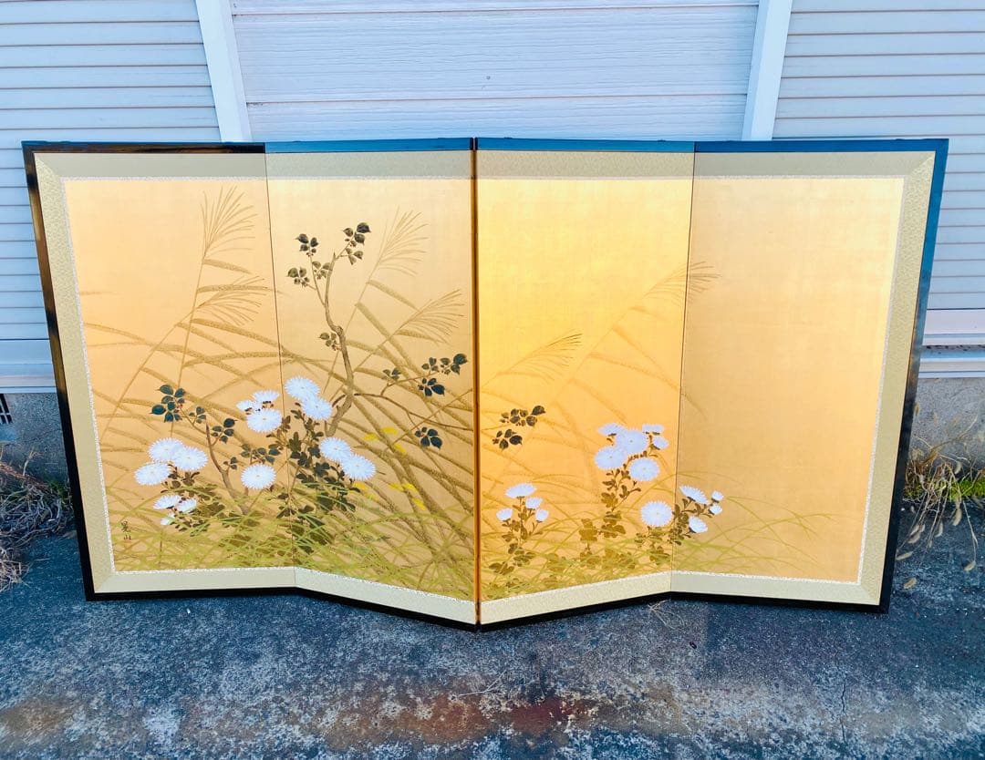 日本画 屏風 草花 金箔 160cm x 90cm