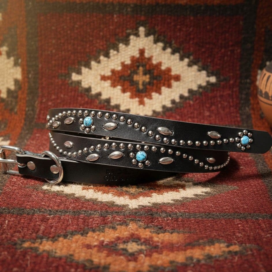 フラワーターコイズ■本革レザーフルスタッズナローベルト☆アメカジ古着ヴィンテージ