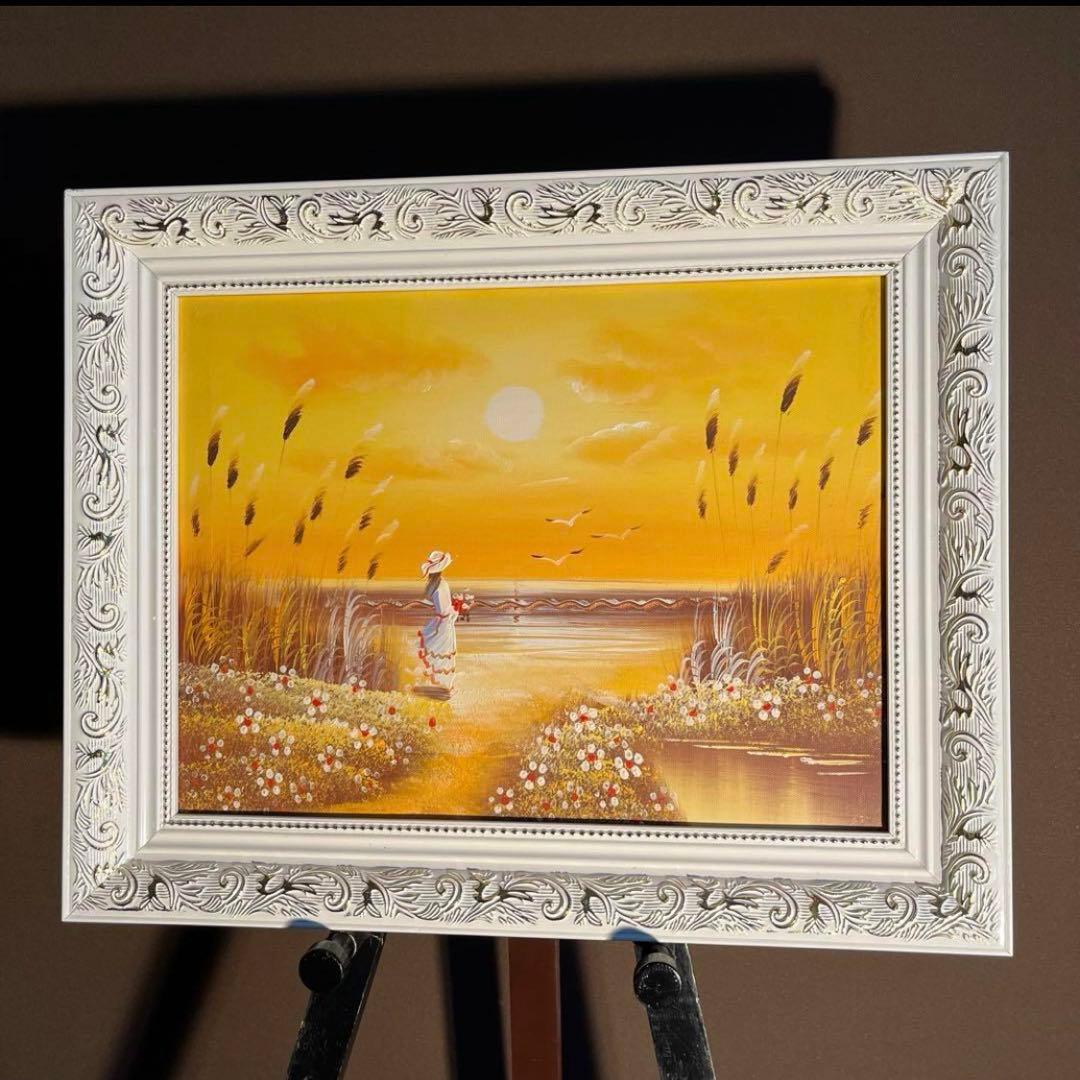 手書き油絵 海を眺める少女 絵画 インテリア 油彩画