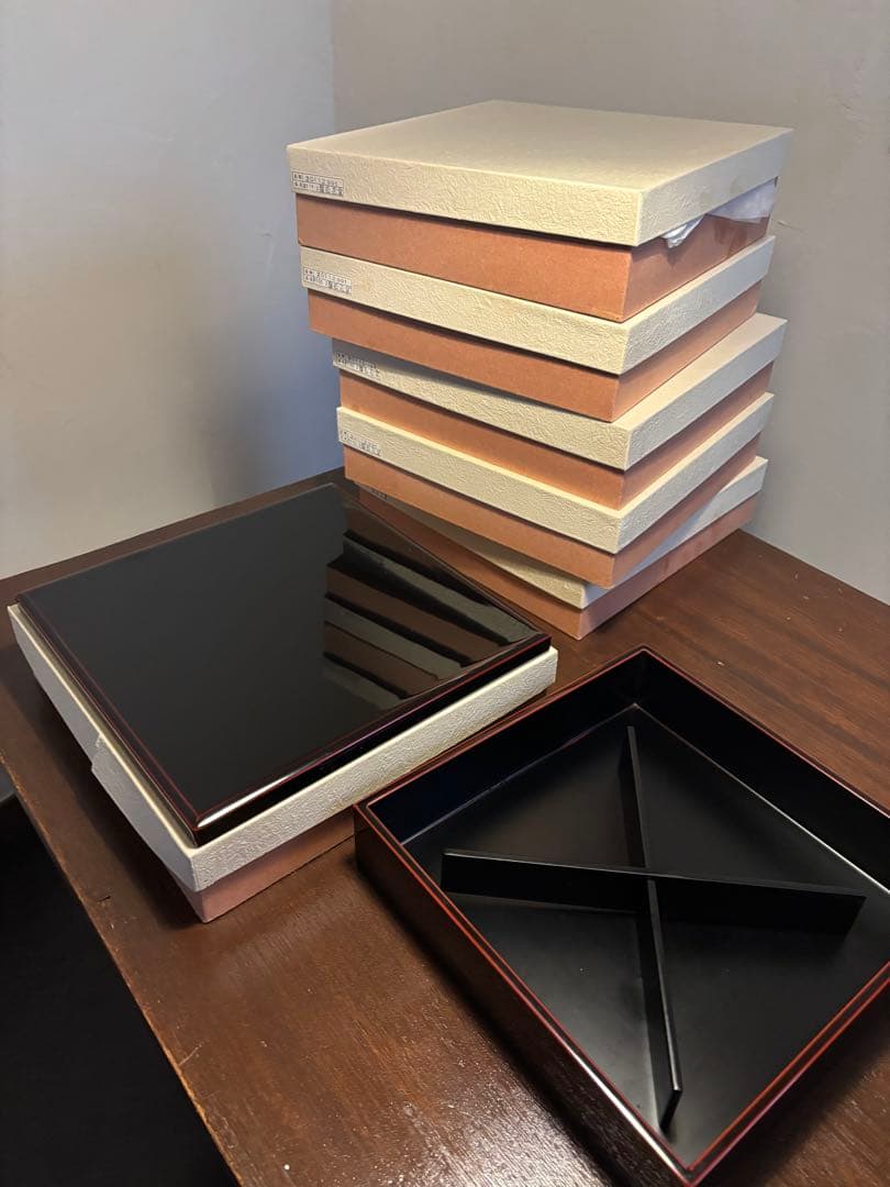 溜め塗り　松花堂弁当　6セット　美品　漆器 m54600066b.jpg