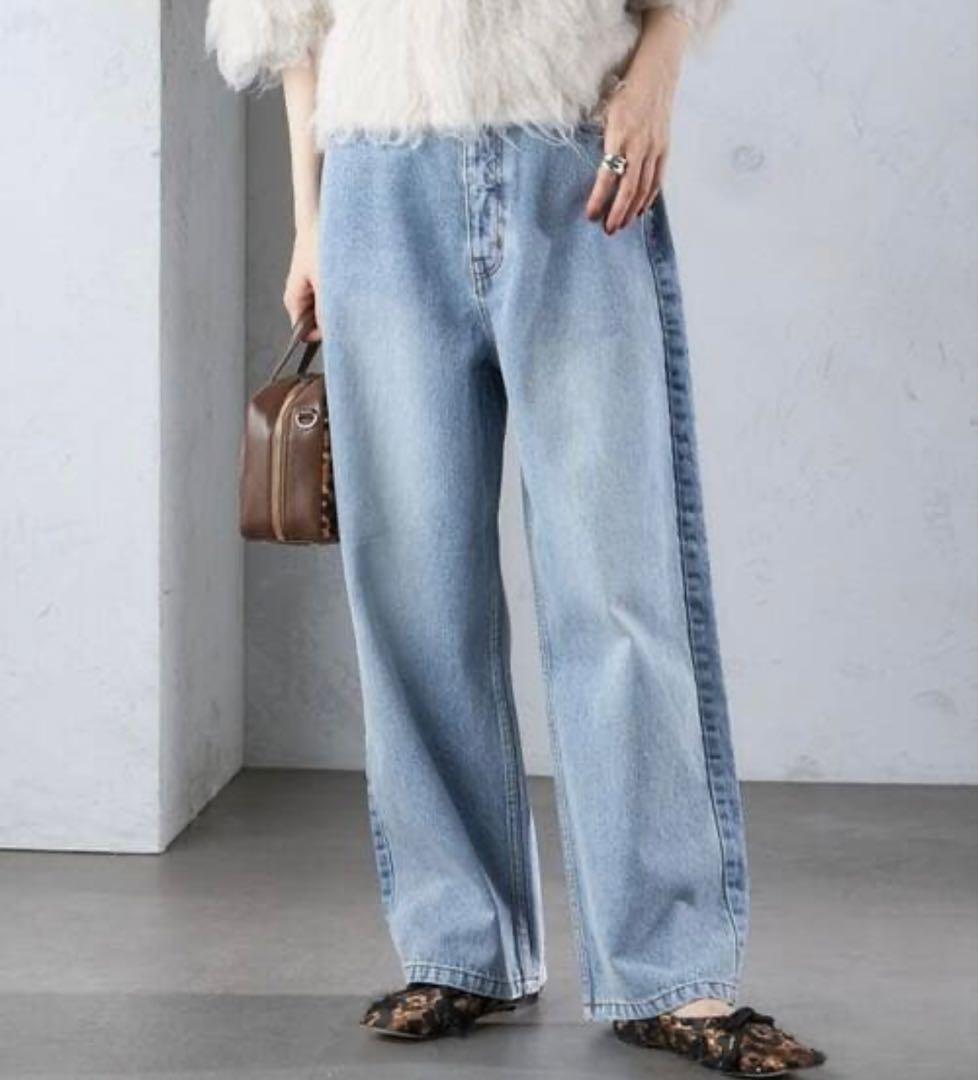 【美品】SHIPS しっかり生地ワイドストレートデニムパンツ ブルー系40(Ｌ)