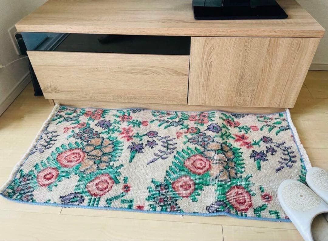 花柄　トルコヴィンテージラグ トルコヴィンテージラグ 花柄 45×93 🌱 玄関 クリーム×カラフル トルコラグ