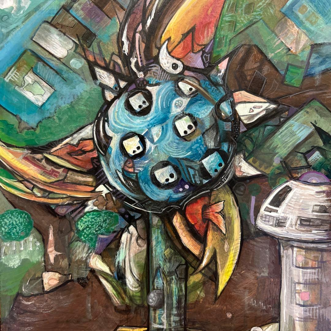 供給システム　アクリル画　原画 ミニミニ アート 水彩画 アクリルガッシュ 原画 「 江の島 と 夕日