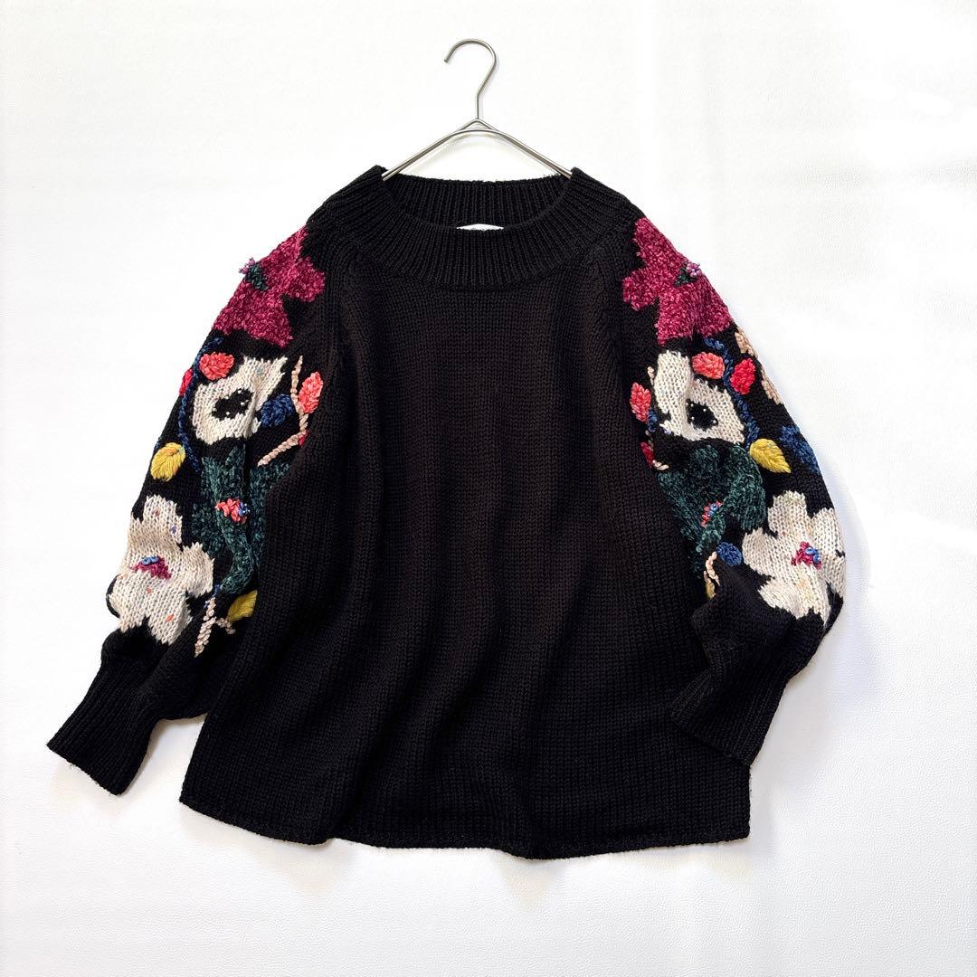 ビアズリー 人気完売品 花ジャガードニット 刺繍 ボリュームスリーブ
