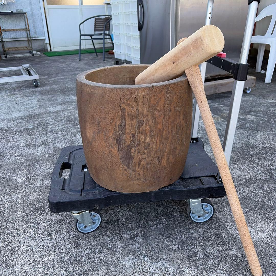 木製 調理用臼と杵 セット　送料高いので値引き交渉NGです けやき臼と杵3本セット 大型 約49㎝｜レンタルの餅つき道具