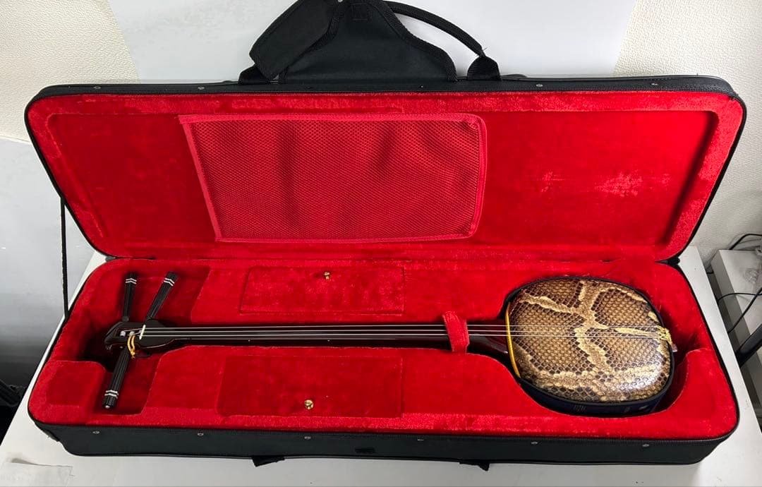 ② 沖縄三線 本蛇革 ケース付き 初心者 入門 蛇皮 本革