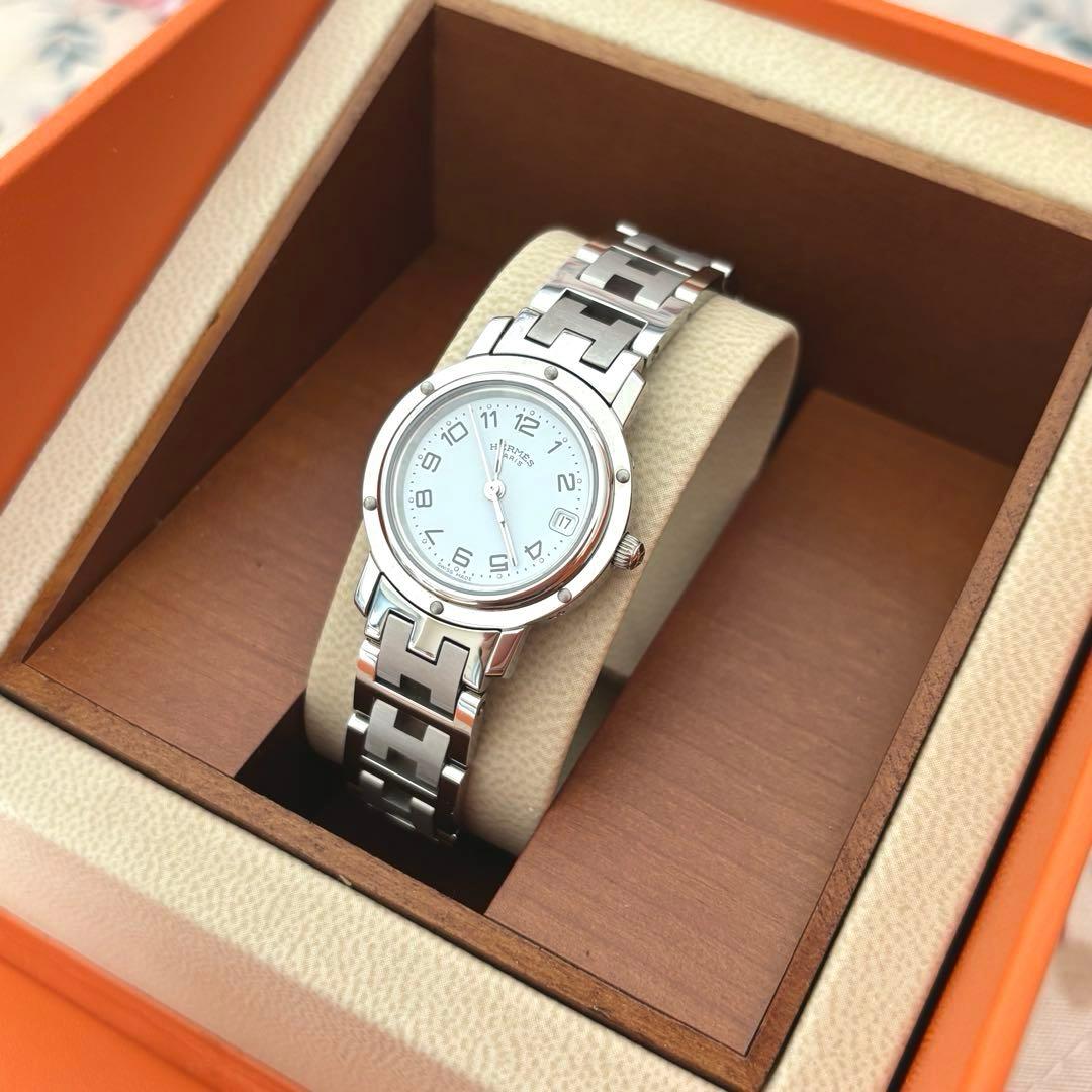 【未使用】HERMES クリッパー 腕時計 シルバー ホワイト 外箱付き