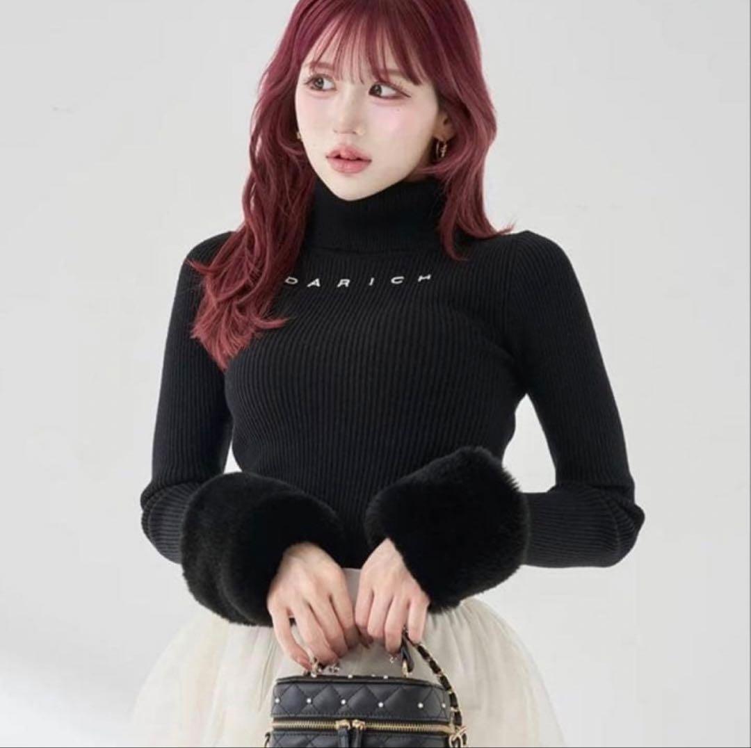 ダーリッチ　スムースファーリブニットトップス　ブラック