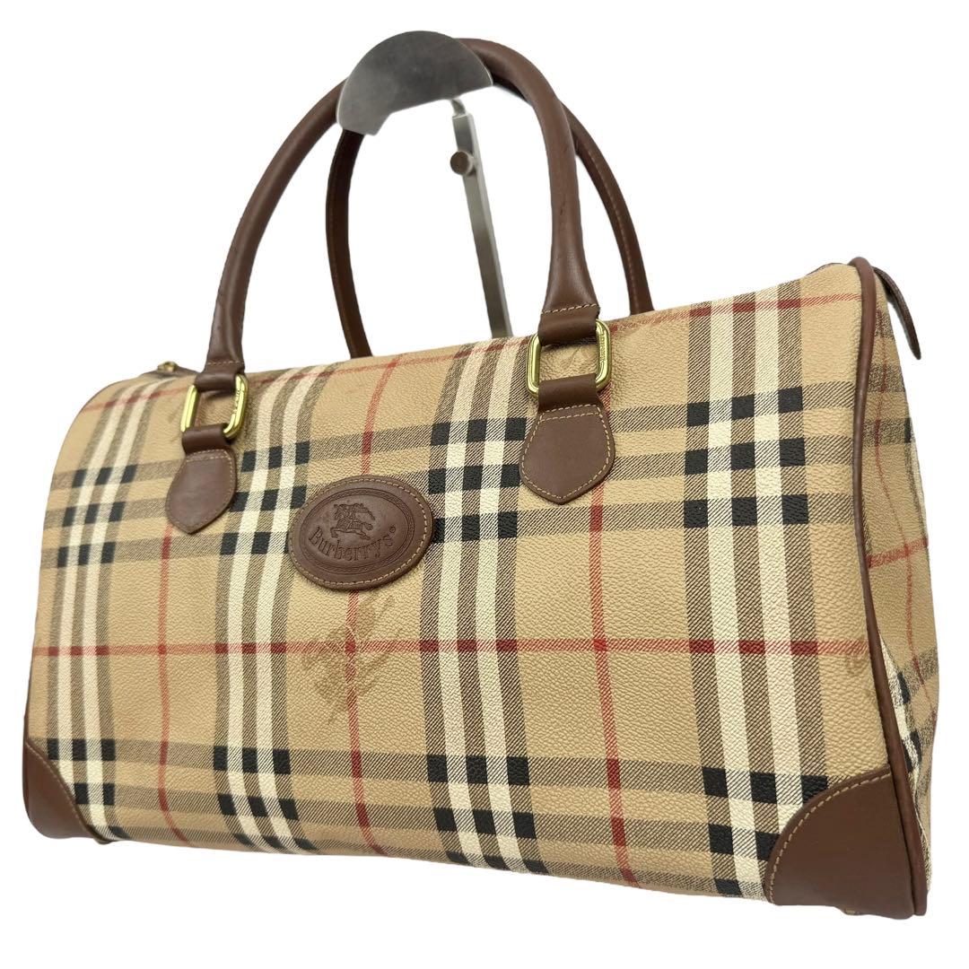 【外観美品】バーバリー ホースロゴ PVC ミニボストンバッグ ノバチェック バーバリー ミニボストンバッグ ノバチェック メガチェック PVC×レザー