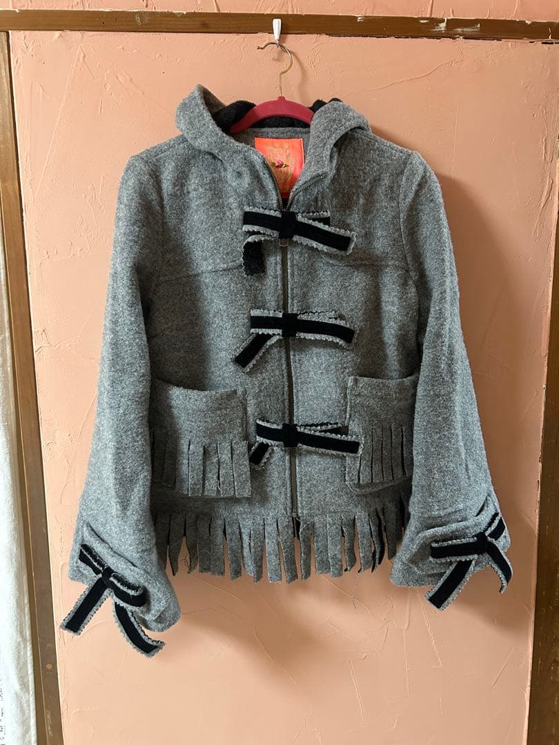 マヌーシユ　グレー フリンジ ウール混紡 ダッフルコートリボン