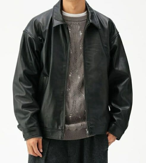 BEAMS　ワイドフィット レザー ジップブルゾン