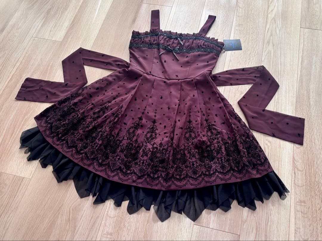 Moi meme Moitieレア品フロッキープリントJSKボルドー新品タグ付き Moi meme Moitieレア品フロッキープリントJSKボルドー新品タグ付き