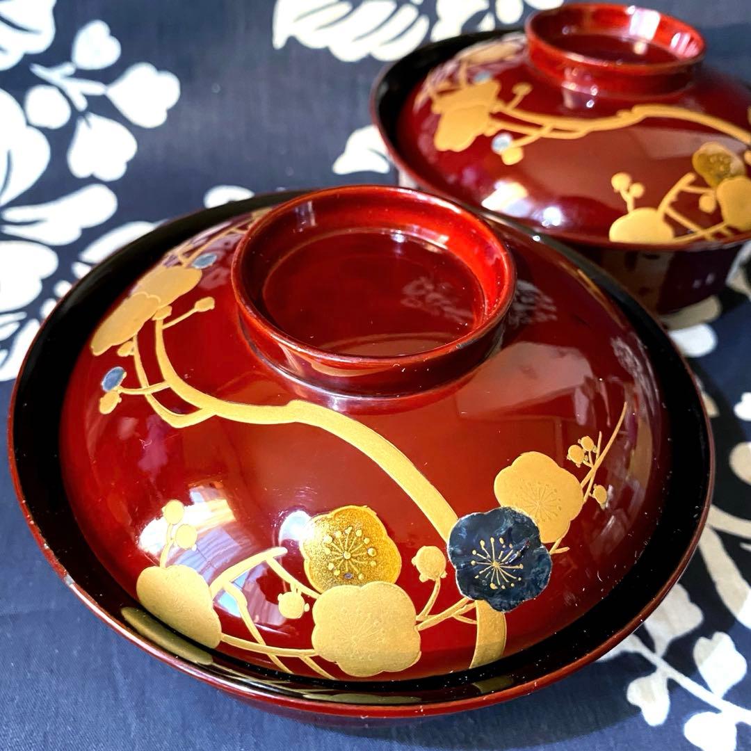 大正時代物骨董　天然木製漆器椀　梅柄金蒔絵・螺鈿　外朱内黒　菓子椀・雑煮椀　二客