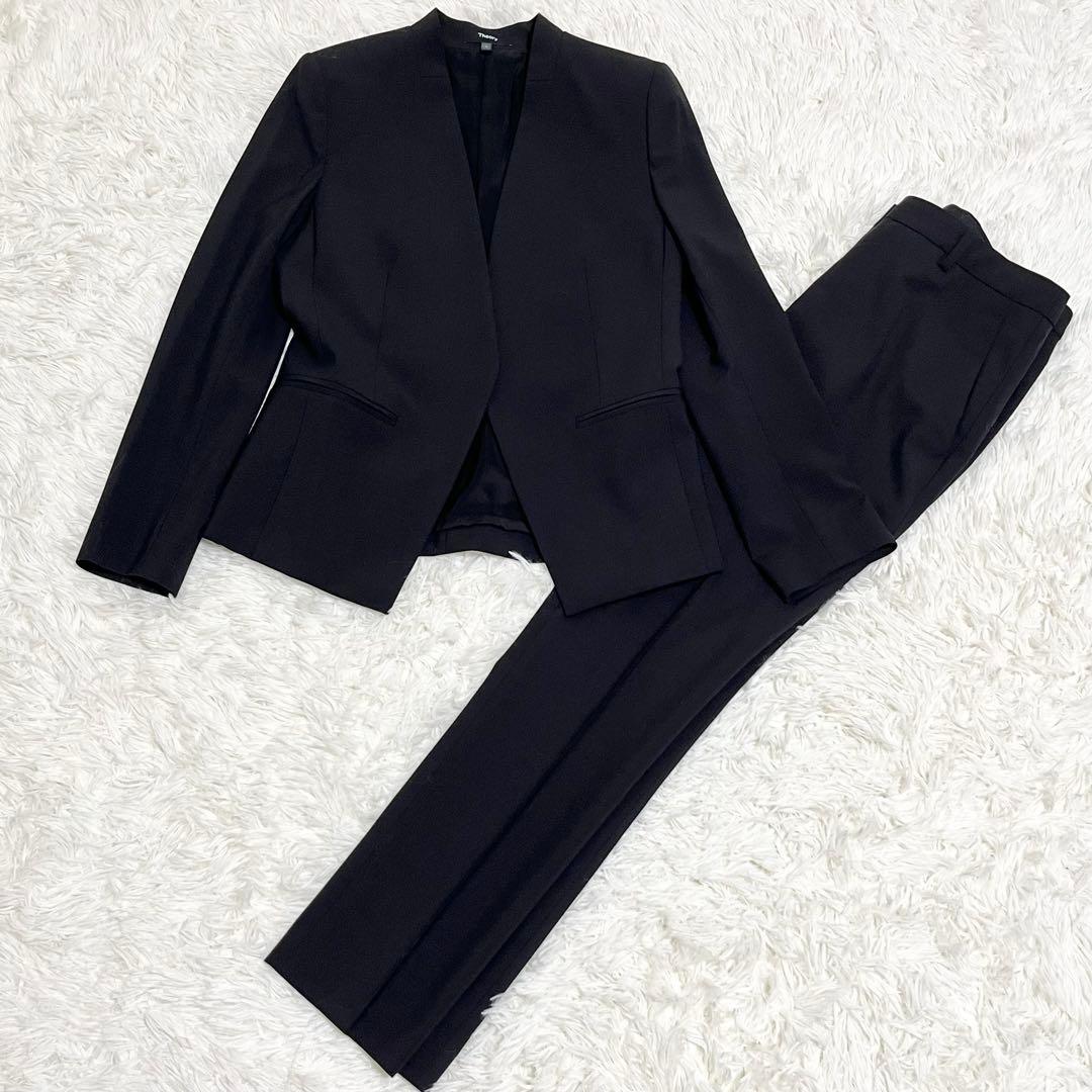 Theory TAILOR 近年 パンツスーツ ノーカラー ブラック 総裏地 S