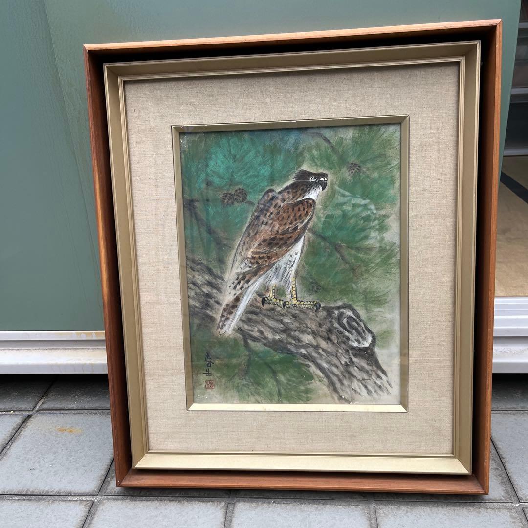稲葉春正　作品 鷹の絵 木製フレーム付き 55センチ✖️65センチ