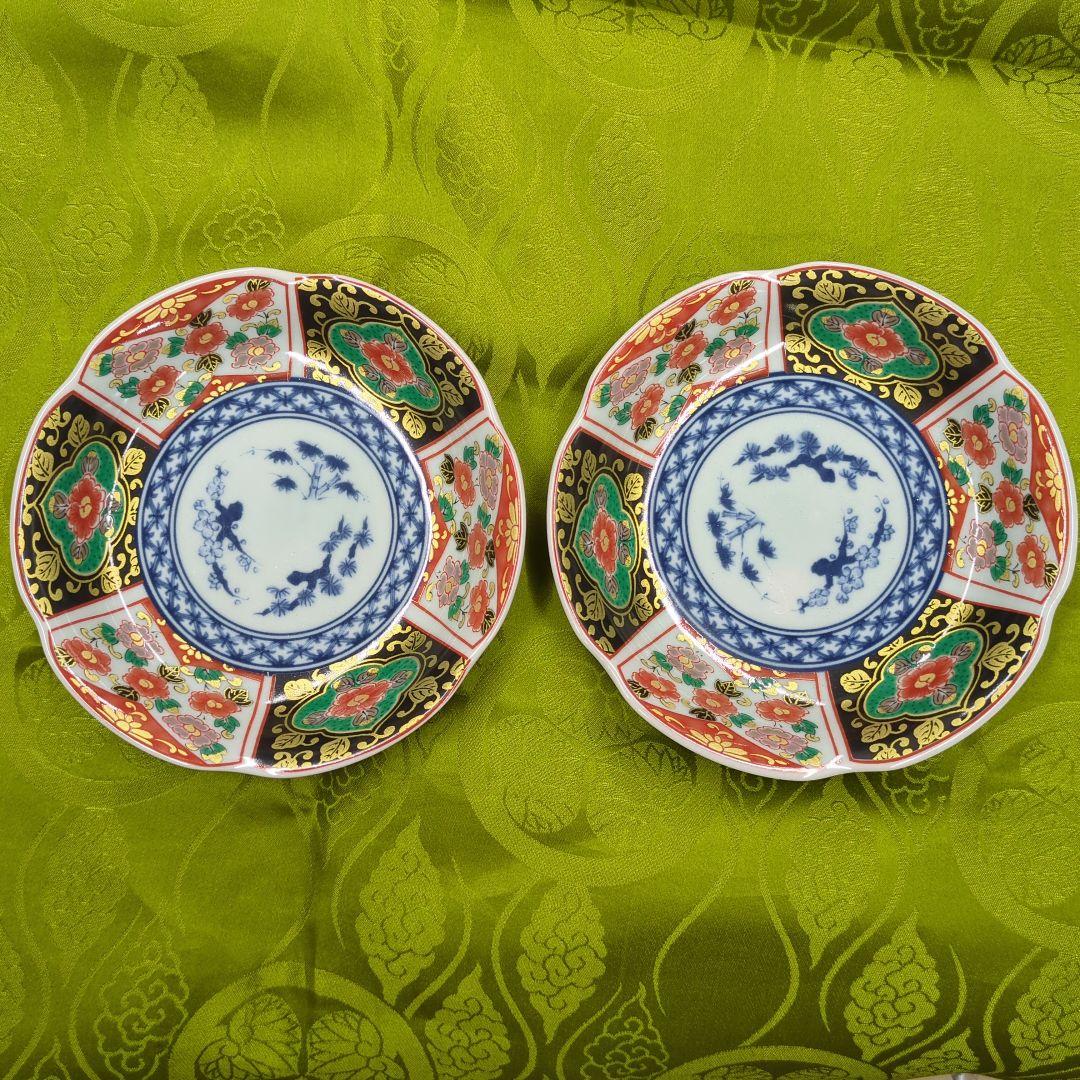 2枚セット 有田焼 古伊万里 色絵 輪花皿 金彩錦唐草 取分け皿 4寸花皿