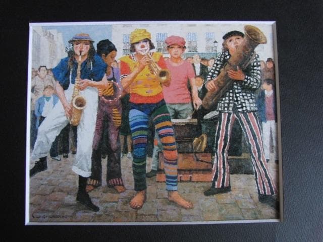 横山申生、【ポンピドー広場の楽士たち】、希少な額装用画集画、新品高級額 額装付