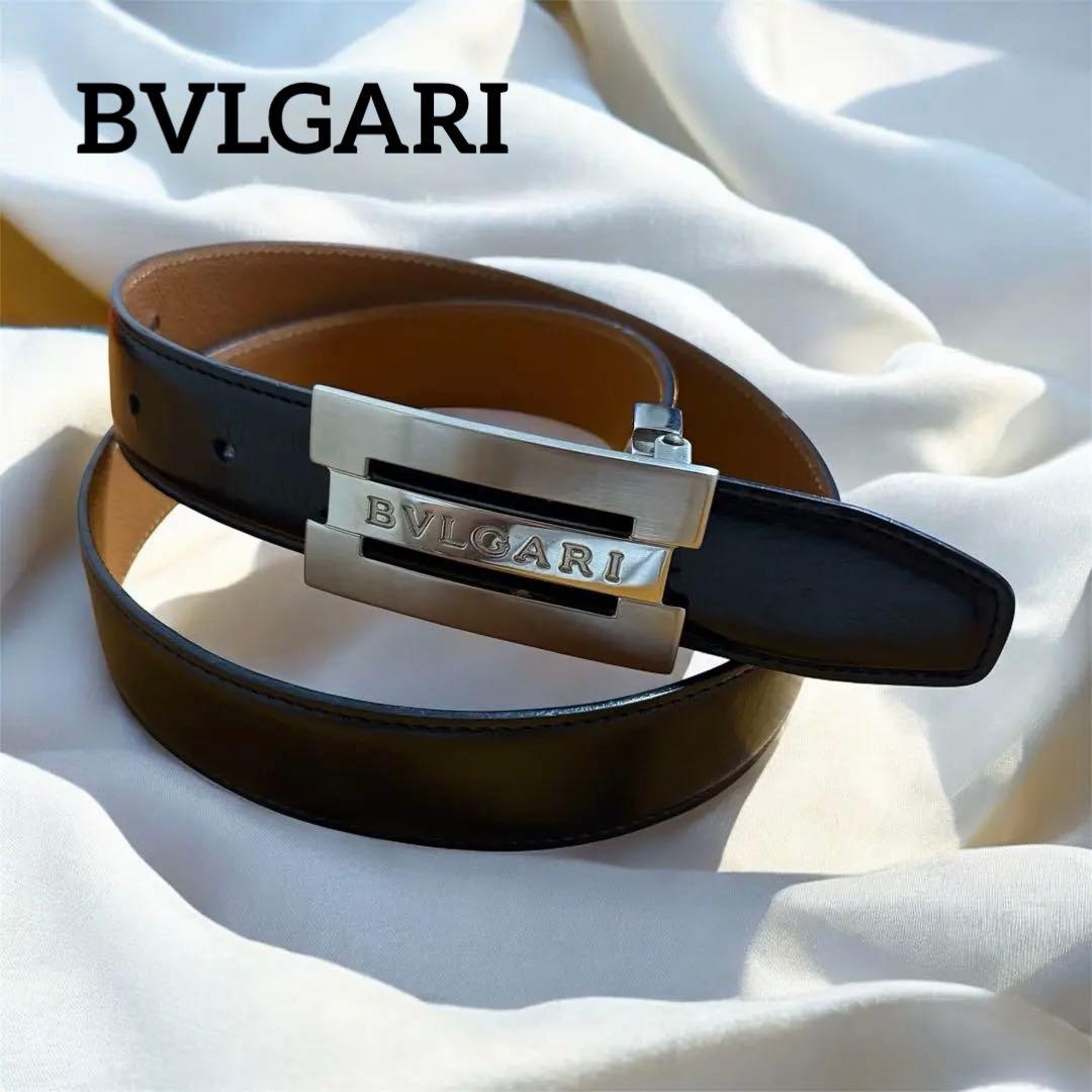 【ハイブランド】ブルガリ ベルト リバーシブル 黒 茶ロゴ金具 BVLGARI