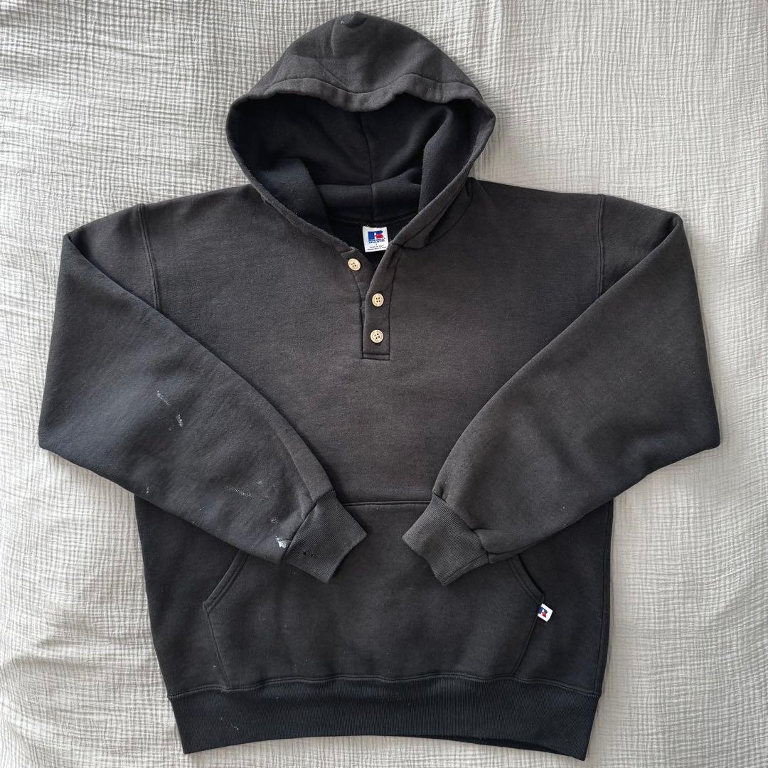 90s ラッセル パーカー ハーフボタン フェードブラック 無地 USA製